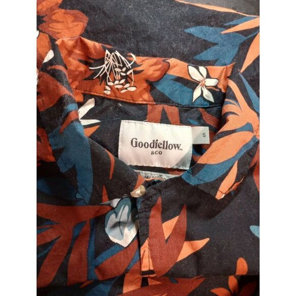 GoodFellow Shirt Men's Small Slim Navy Orange Button Front Short Sleeve Tropical - Picture 5 of 8